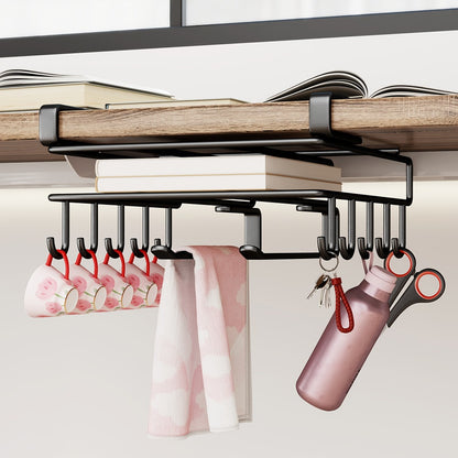 Under Cabinet Organizer Rack with Hooks – Heavy Duty Carbon Steel Kitchen Shelf for Utensils, Towels, Cups & Cutting Boards – No-Drill Door-Mount Space-Saving Kitchen Storage