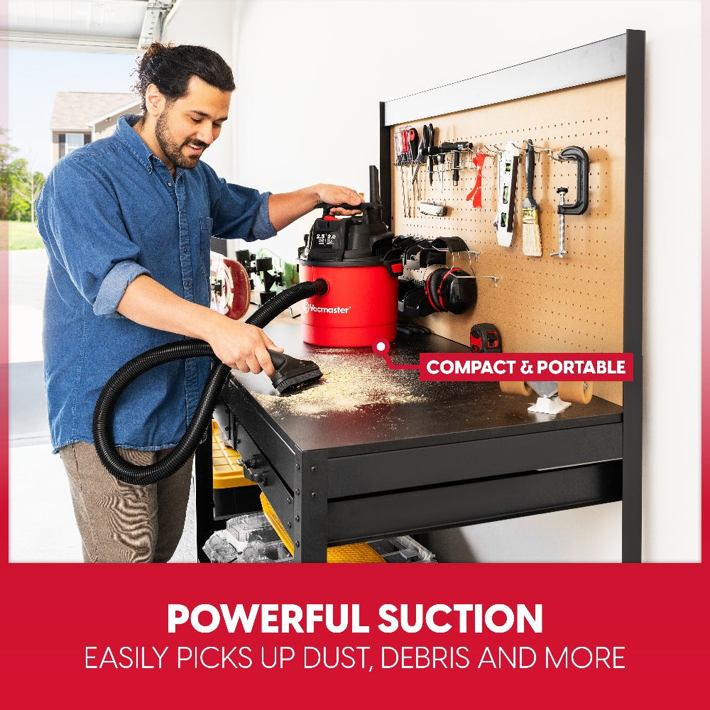Wet Dry Vacuum Cleaner 2.5 Gallon Shop Vac – Vacmaster 2 Peak HP with Blower Function, Wall Mount & On-Board Storage for Garage, Car, Workshop, Home