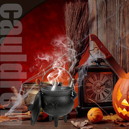 Cast Iron Cauldron with Lid & Handle – Witchcraft Incense Burner, Spell Ritual Pot, Halloween Decor, Pentagram & Triple Moon Styles, Pagan Altar Cauldron