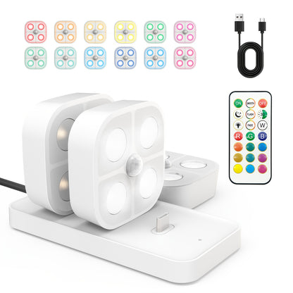 Puck Lights Rechargeable RGB with Charging Station - Motion Sensor Under Cabinet Lighting, Wireless LED Closet Lights with Remote Control, Color Changing Night Light for Hallway Stairway Bathroom Bedroom Kitchen, 3/4/6 Pack