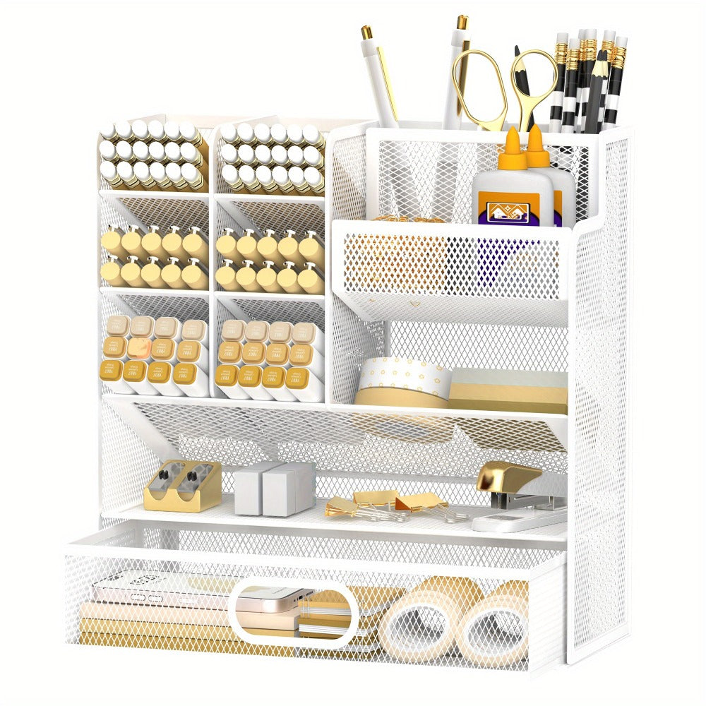 Mesh Desk Organizer with Drawer – Multifunctional Desktop Pen Holder & Office Supply Organizer for Home Office, School & Art Studio – Pencil Cup Caddy with Storage Compartments, Multiple Colors Available