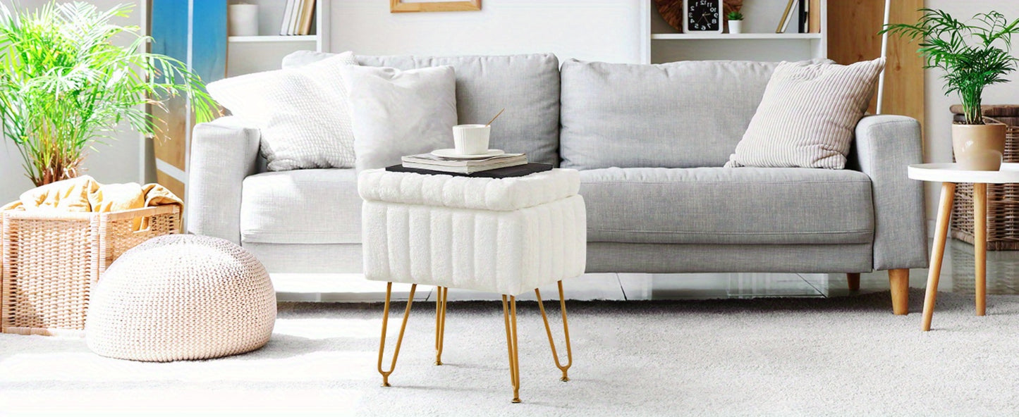 Faux Fur Storage Ottoman Stool – Soft Furry Vanity Seat with Storage, 4 Metal Legs & Non-Slip Feet – Cute Modern Multi-Function Chair for Bedroom, Vanity & Living Room