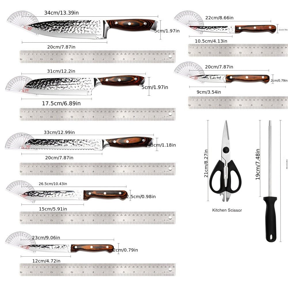 Kitchen Knife Set 15-Piece & 20-Piece Professional Chef Knives with Block Sharpener Ultra-Sharp Medium Carbon Stainless Steel Hammered Blade Wooden Handle Dishwasher Safe Gift for Men & Family