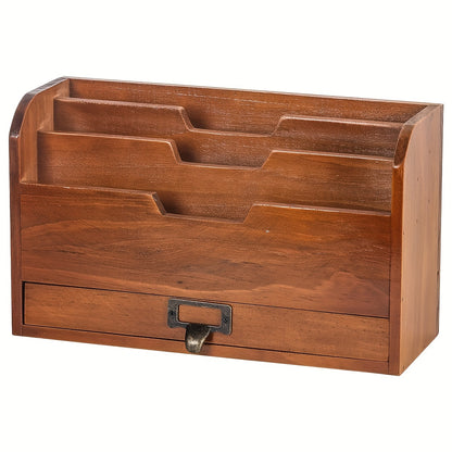 Wooden Desktop File Organizer with Drawer – Multi-Compartment Document Storage Rack for Office, Home & Study – Desk File Folder Holder with Sundries Organizer Shelf for Papers, Books & Supplies