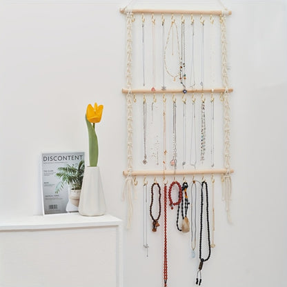 Boho Jewelry Organizer Wall Mount Hanging Rack Hand Woven Tassel Necklace Earring Bracelet Holder 30 Hooks Bedroom Decor Display Stand