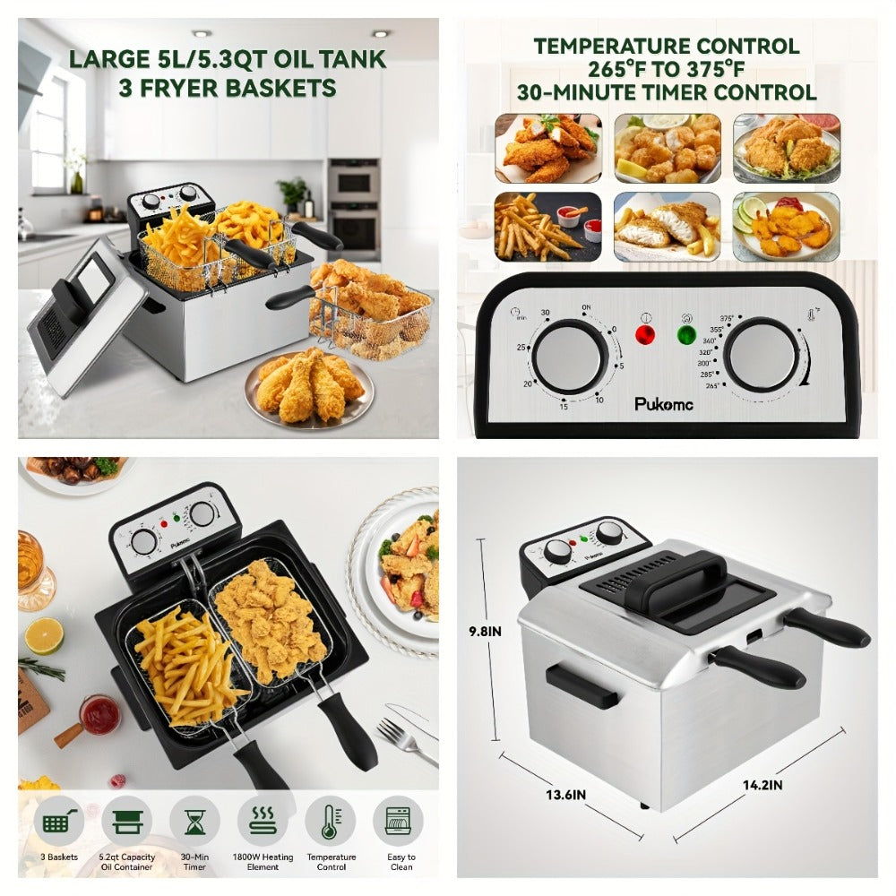 Deep Fryer Stainless Steel Large Capacity with Adjustable Temperature Control - 304 Stainless Steel Oil Fryer with Viewing Lid Cool-Touch Handles Easy Clean Basket, 5 Size Options 1.5L to 6L for Home Kitchen