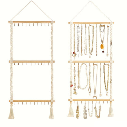 Boho Jewelry Organizer Wall Mount Hanging Rack Hand Woven Tassel Necklace Earring Bracelet Holder 30 Hooks Bedroom Decor Display Stand