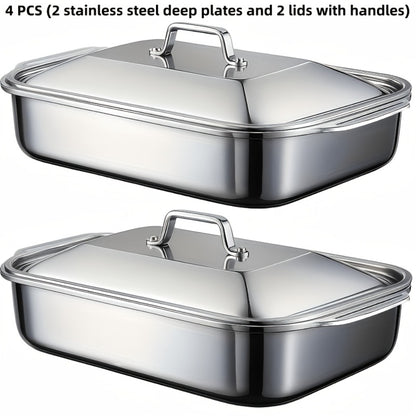 Stainless Steel Deep Baking Tray with Lid 4-Piece Set, 1.59 Gallon Rectangular Roasting Pan with Handle Lids, 16-Inch Dishwasher Safe Deep Tray for Fish BBQ Spaghetti, 2 Trays + 2 Lids
