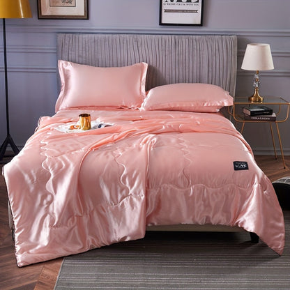 Cooling Satin Quilt Summer Comforter Ultra-Soft Breathable Lightweight Blanket, Machine Washable Satin Weave Bedspread for Home Dorm Hotel, Twin Full Size, White Silvery Grey Pink Lake Blue