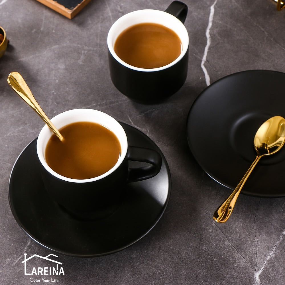 Espresso Cups Set of 6 with Saucers, Spoons & Metal Stand, 4oz Stackable Ceramic Cappuccino Mugs for Double Espresso, Lungo & Afternoon Tea – Matte Black & Matte White