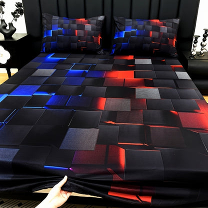 Fitted Sheet Set 3pcs Plaid Digital Print Deep Pocket 15" All Season Bed Sheet + 2 Pillowcases No Filling Twin Full Queen King