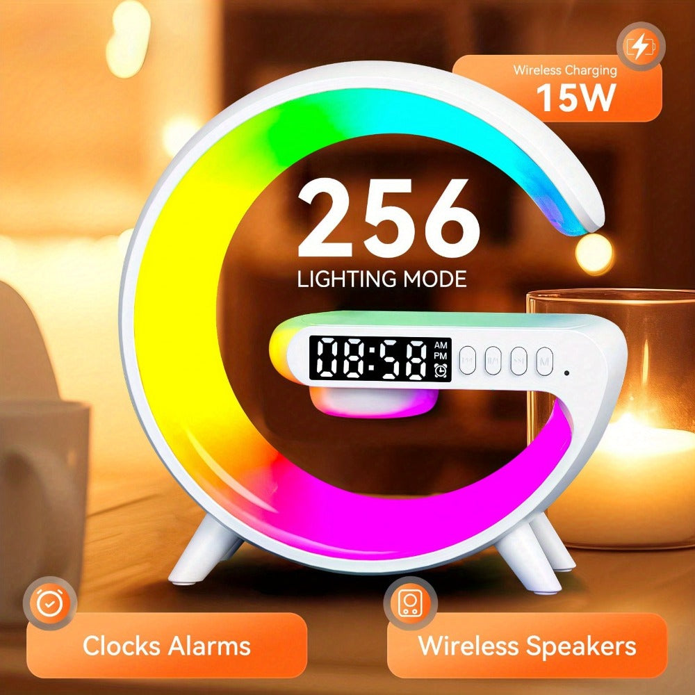 Wireless Charger with RGB Night Light – 4-in-1 Bluetooth Speaker Alarm Clock Wake Up Light, 256 RGB Colors, Qi Fast Charging for iPhone Samsung, Bedside Nightstand Lamp