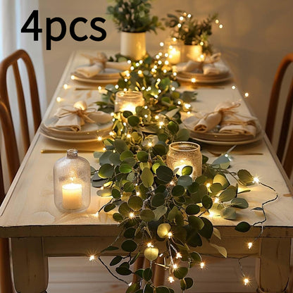 Eucalyptus Leaf Wreath String Lights 4pcs Battery Powered Warm LED Fairy Lights for Holiday Table Centerpiece Indoor Home Decoration