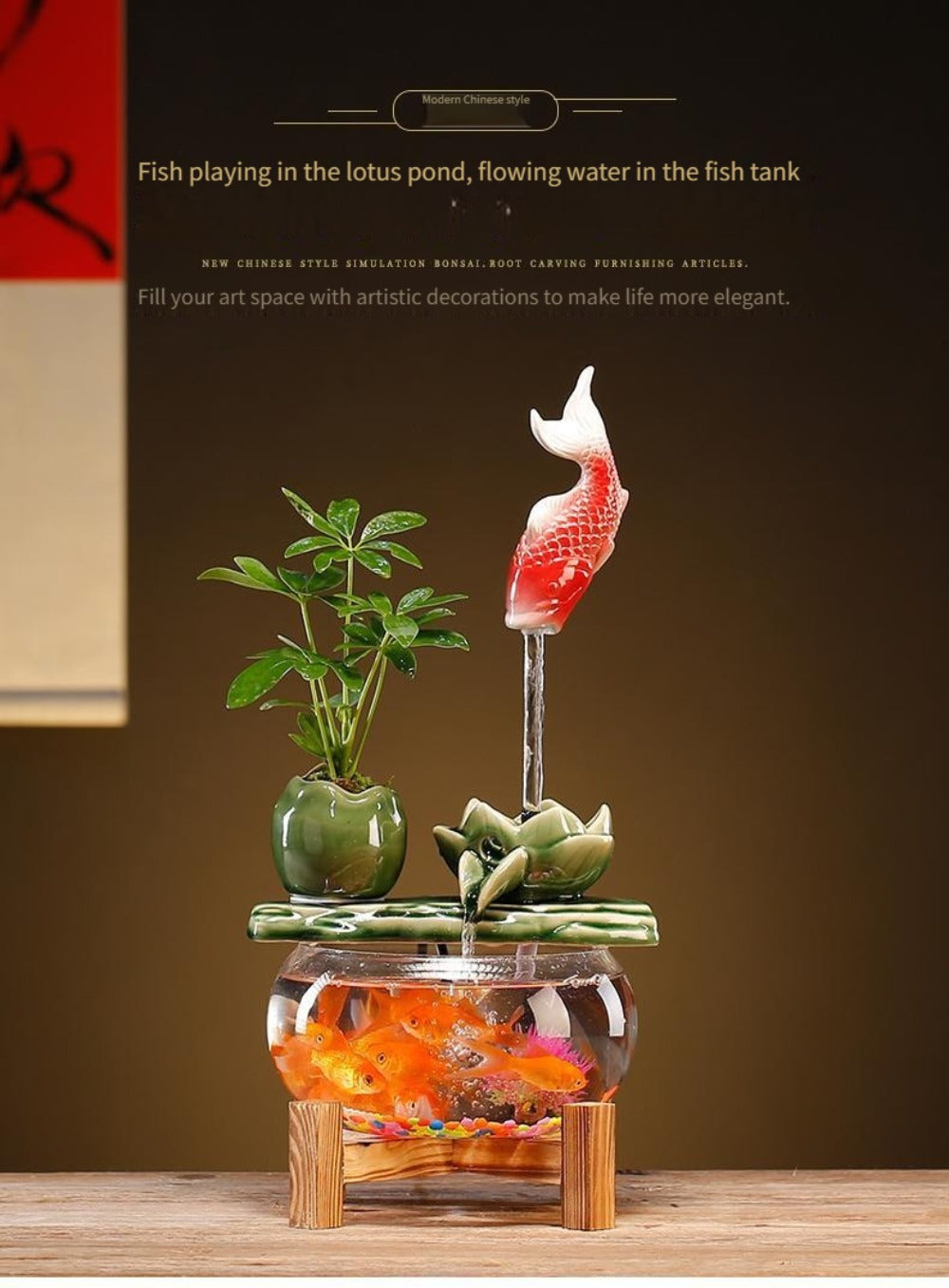 USB Desktop Fish Waterfall Fountain with Glass Bowl – Relaxing Indoor Water Feature Tabletop Decor Zen Fountain Gift