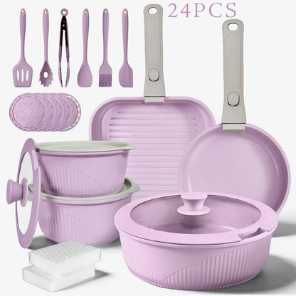 Nonstick Cookware Set 5/7/24 Piece Induction Ready with Detachable Handles – Stackable Pots & Pans Set Includes Skillet Frying Pan Soup Pot Steak Pan for Home RV Kitchen, Multiple Colors