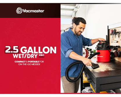 Wet Dry Vacuum Cleaner 2.5 Gallon Shop Vac – Vacmaster 2 Peak HP with Blower Function, Wall Mount & On-Board Storage for Garage, Car, Workshop, Home