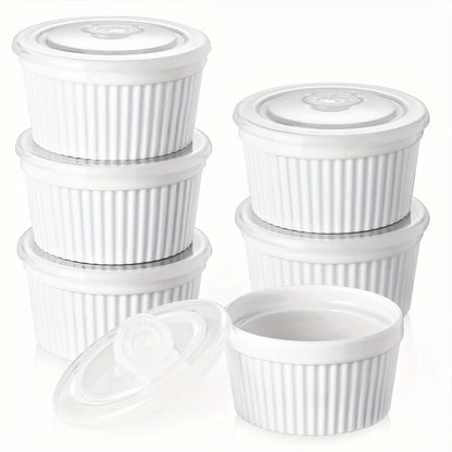 Souffle Dishes Set of 6 Porcelain Ramekins with Lids 8oz Creme Brulee Cups Custard Cups for Baking Pudding Dip Sauce Dessert White Ceramic Bakeware