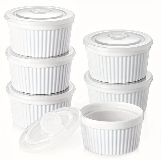 Souffle Dishes Set of 6 Porcelain Ramekins with Lids 8oz Creme Brulee Cups Custard Cups for Baking Pudding Dip Sauce Dessert White Ceramic Bakeware