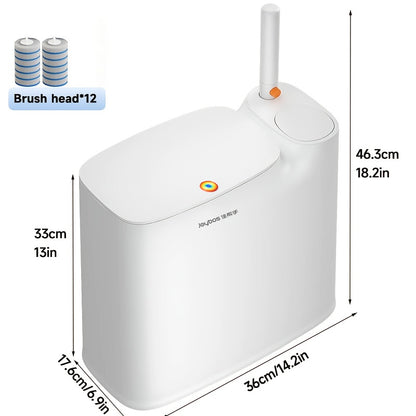 Toilet Brush and Trash Can 2-in-1 Set - Disposable Brush Heads Slim 7.7L Bathroom Waste Bin with Push Lid Hygienic No-Touch Cleaning System Space Saving ABS Plastic | White | RV Apartment Small Bathroom