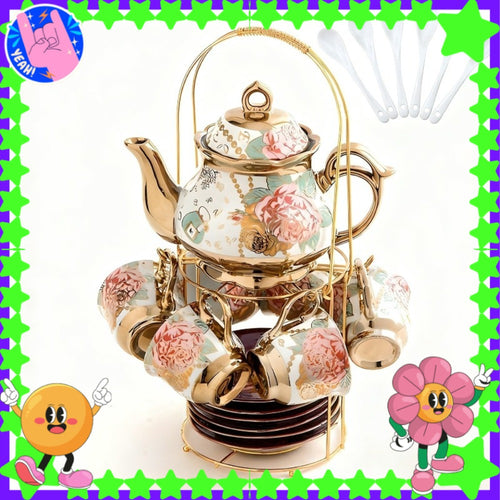 European Floral Ceramic Tea Set 20 Pcs – Italian Style Afternoon Tea Set with Metal Stand – Blooming Pattern Teapot & Cups – Elegant Gift for Tea Lovers & Special Occasions – Golden
