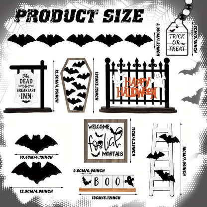 Halloween Tiered Tray Decor Set 14pcs - Bat Wooden Signs Farmhouse Black White Rustic Table Decorations for Kitchen Home Party Supplies