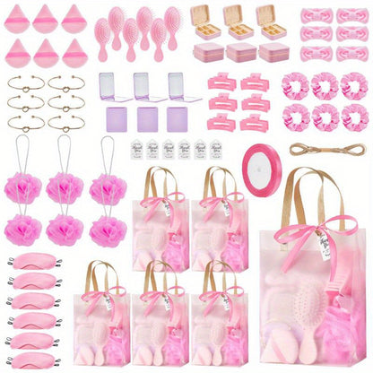 Party Favor Gift Set 74pcs – Headbands, Hair Brushes, Bracelets, Mirrors, Powder Puffs, Hair Ties, Clips, Bath Sponges & Jewelry Boxes with Gift Bags for Bridal Shower, Wedding, Christmas & Events (Pink/Blue)