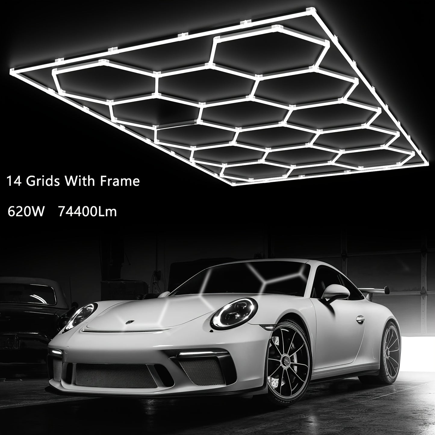LED Hexagonal Garage Light 6500K – Super Bright Daylight White Shop Light 42W–620W for Auto Detailing, Warehouse, Workshop, Basement & Gym (1 to 32 Grids, Hex Frame Available)