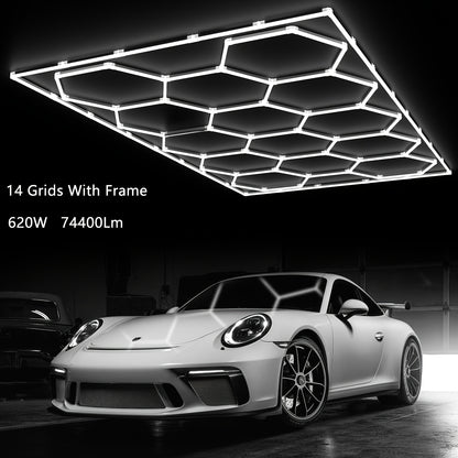 LED Hexagonal Garage Light 6500K – Super Bright Daylight White Shop Light 42W–620W for Auto Detailing, Warehouse, Workshop, Basement & Gym (1 to 32 Grids, Hex Frame Available)