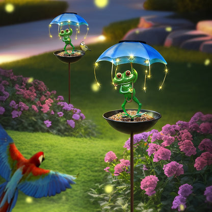 Solar Garden Decor Frog with Umbrella LED Light – Iron Frog Outdoor Statue with Solar Powered LED | Bird Feeder Garden Ornament for Patio, Lawn, Pathway & Deck | Unique Valentine Gift Yard Decoration