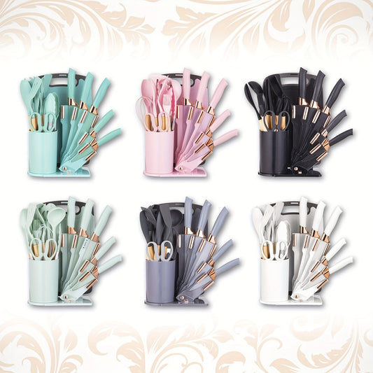 19-Piece Kitchen Knife & Utensil Set with Wooden Handles, Non-Stick Blades, Silicone Cooking Tools, Cutting Board, Scissors & Holder