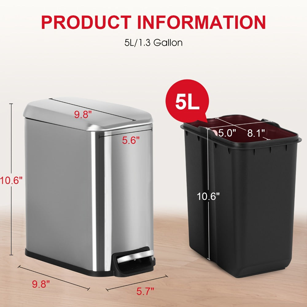 Stainless Steel Trash Can with Pedal & Removable Inner Bucket Fingerprint-Proof Kitchen Garbage Can with Hinged Lid – 5L / 30L / 50L / 13 Gallon for Kitchen, Home & Office