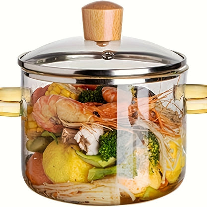 Borosilicate Glass Pot with Lid 50oz Stovetop & Microwave Safe – Double Heat-Resistant Handles for Soup, Milk & Porridge | Transparent Glass Saucepan Kitchen Cooker with Yellow or Green Handle