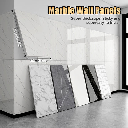 Marble Peel and Stick Wall Panels Self-Adhesive 3D Decorative Tiles - Glossy Marble Sheets for Bathroom Kitchen Living Room - Removable Vinyl Planks White Grey Black Imitation Stone DIY Home Decor