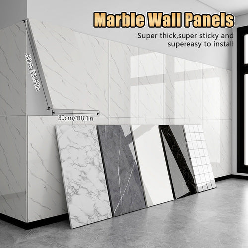 Marble Peel and Stick Wall Panels Self-Adhesive 3D Decorative Tiles - Glossy Marble Sheets for Bathroom Kitchen Living Room - Removable Vinyl Planks White Grey Black Imitation Stone DIY Home Decor