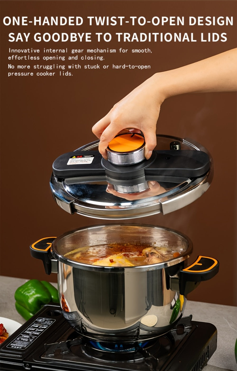 Pressure Cooker Stainless Steel with One-Twist Lock Lid – Heavy-Duty Induction & Gas Compatible Stew Pot in 1.32gal, 1.59gal & 2.11gal, Dishwasher Safe Family Soup Cooker for Daily Cooking