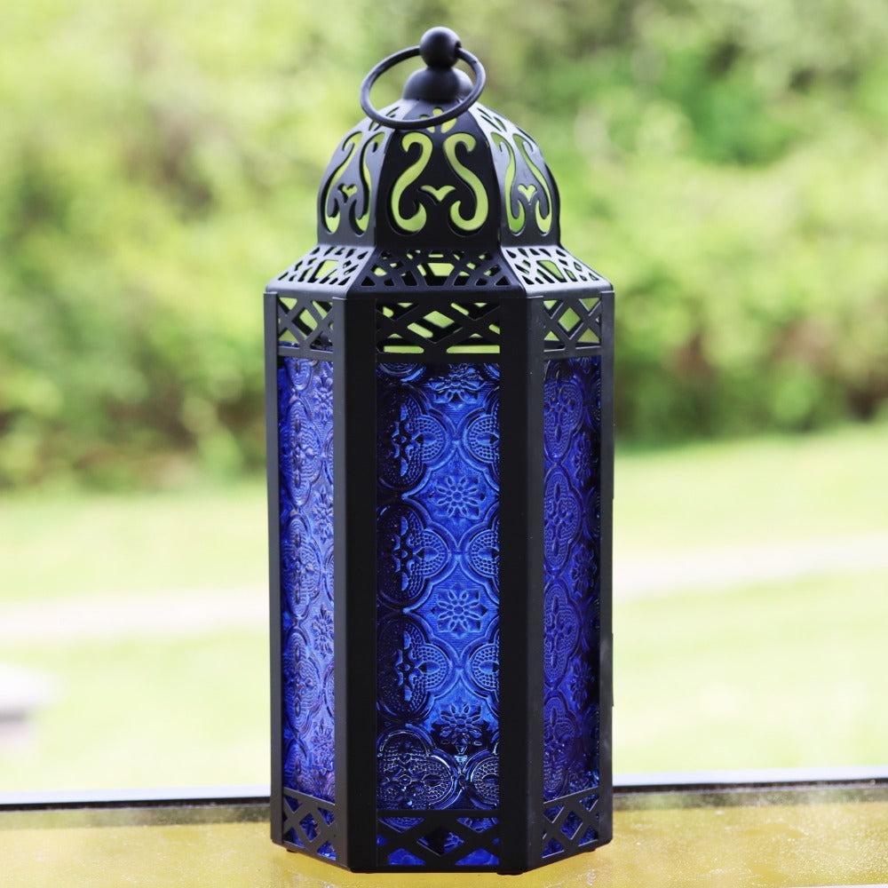 Moroccan Candle Lantern Holder - Decorative Metal & Glass Lantern with Embossed Floral Design for Indoor Home Decor, Garden, Patio, Weddings, Ramadan, Halloween & Holiday Celebrations - 10.5" Tall Medium Size