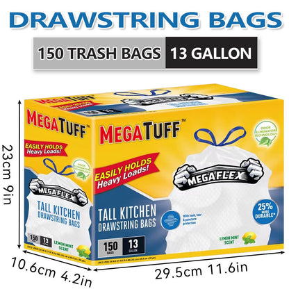 Drawstring Trash Bags 13 Gallon, 150 Count (3 Rolls) Tall Kitchen Garbage Bags with Odor Eliminator Technology, Lemon Mint Scent, Puncture & Tear Resistant, Easy-Tie Drawstring, Fits 13 Gal Trash Cans