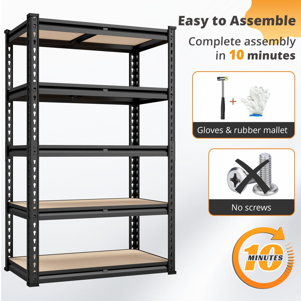 5-Tier Heavy Duty Garage Shelving Unit 2000LBS – Metal & Wood Storage Shelves, Adjustable Utility Rack for Garage, Basement, Pantry, Warehouse, Kitchen & Office, Tool-Free Assembly, Black