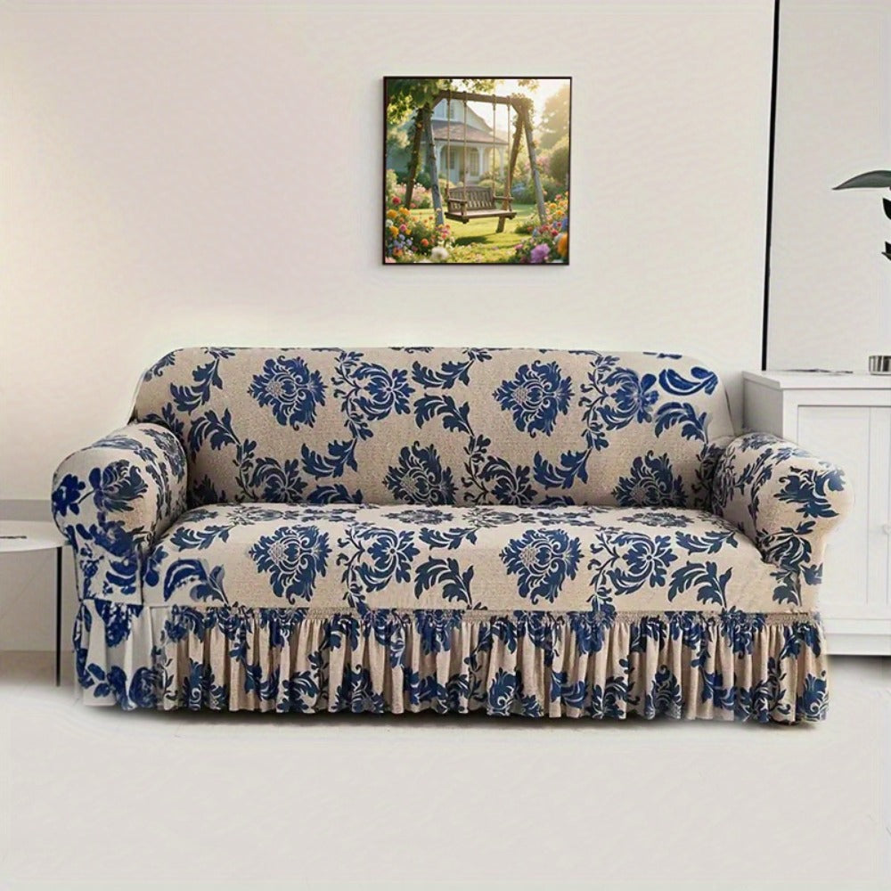Stretch Sofa Cover Slipcover High-Stretch Fabric Ruffle Skirt Non-Slip Rod All-Season Snug Fit for 1 2 3 4 Seater Couch — Dark Blue with Pillow Cover