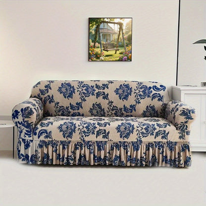 Stretch Sofa Cover Slipcover High-Stretch Fabric Ruffle Skirt Non-Slip Rod All-Season Snug Fit for 1 2 3 4 Seater Couch — Dark Blue with Pillow Cover