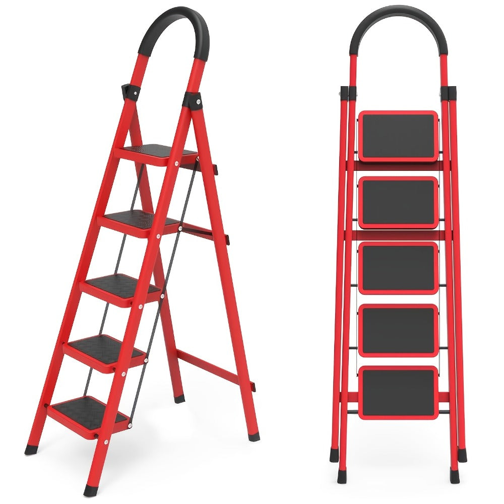 Folding Step Stool 5 Step 500 LBS Anti-Slip – No Assembly, One-Hand Fold, Soft Grip Handle, Wide Pedals, Auto Safety Lock, Portable Lightweight Ladder for Home, Kitchen, Bedroom & Industrial Use