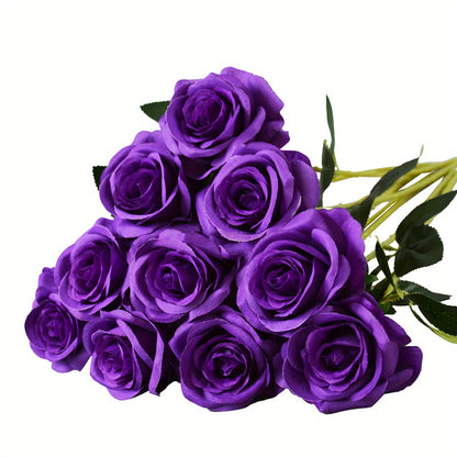 10pcs Artificial Silk Roses Bulk - Fake Flowers for Wedding Home Decor, 19.69" Long Stem, Deep Purple & Dark Green