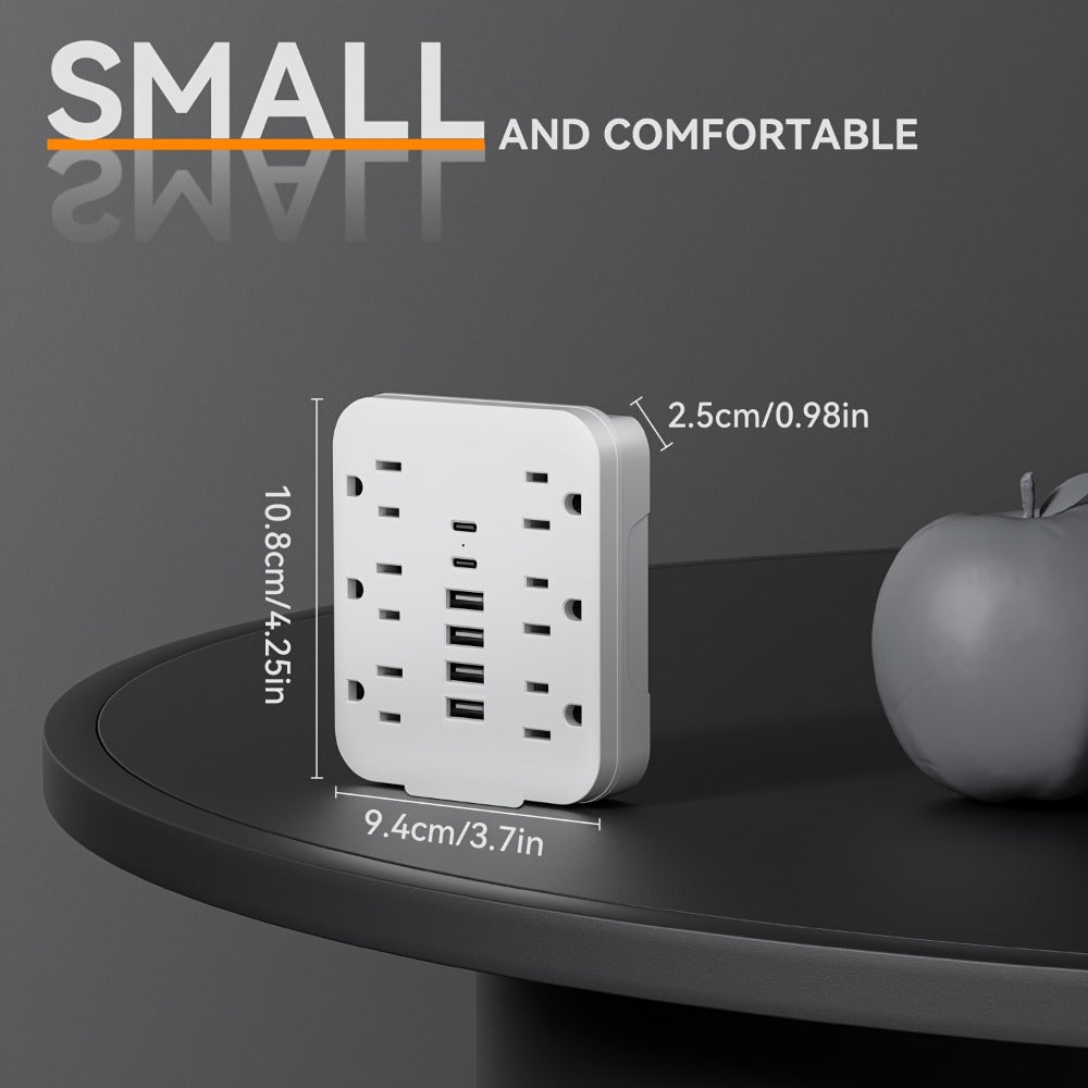 Wall Power Strip 12-in-1 with 6 AC Outlets & 6 USB Ports (2 USB-C) – Compact Space-Saving Plug, 110-130V US Plug for Home & Office – White & Black