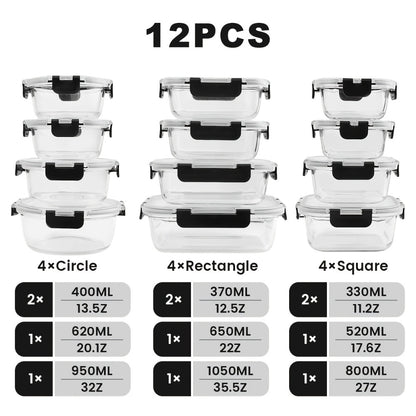 Glass Food Storage Containers with Lids Set of 12, Airtight Leak-Proof Meal Prep Containers, Microwave Oven Freezer Dishwasher Safe Bento Boxes for Pantry Kitchen Organization