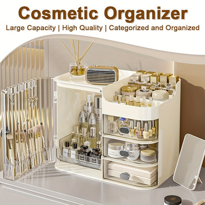Makeup Organizer with 3 Drawers and Mirror - Large Capacity Cosmetic Storage Box Vanity Organizer for Skincare Contact Lens Display Case Bathroom Counter Organizer | Transparent Black Cream White