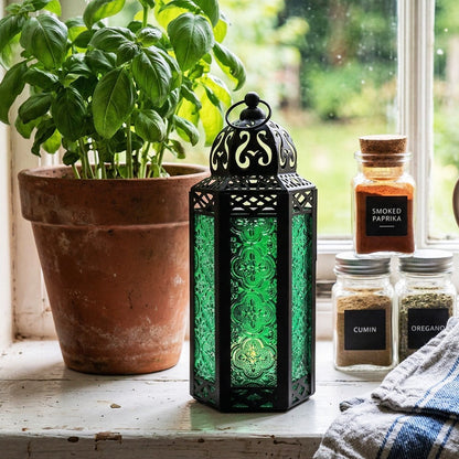Moroccan Candle Lantern Holder - Decorative Metal & Glass Lantern with Embossed Floral Design for Indoor Home Decor, Garden, Patio, Weddings, Ramadan, Halloween & Holiday Celebrations - 10.5" Tall Medium Size