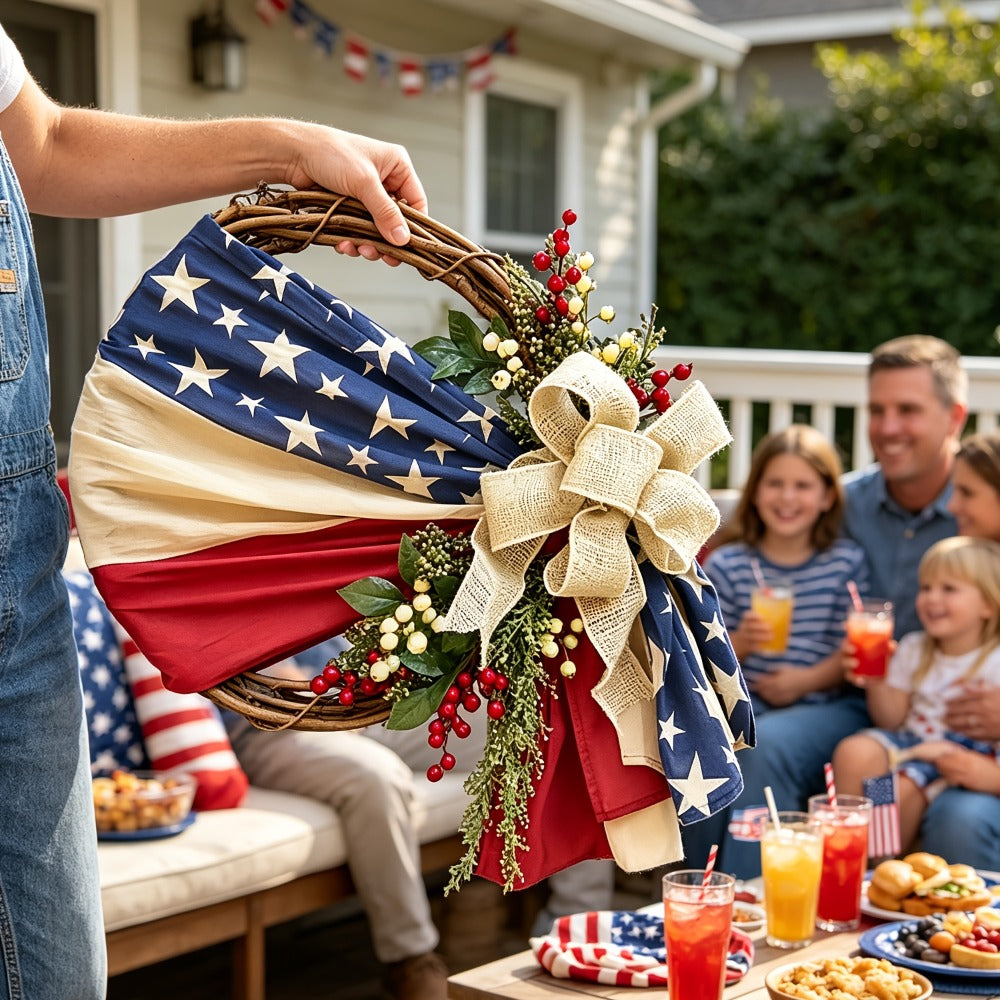 Patriotic 4th of July Door Wreath – Red White & Blue American Flag Wreath with Burlap Bow for Independence Day, Memorial Day & Patriotic Home, Porch & Office Decor
