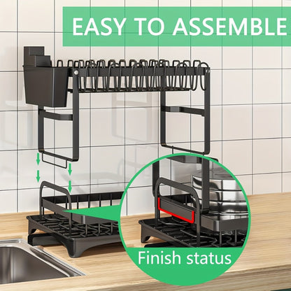 2-Tier Metal Dish Drying Rack with Drainboard – Kitchen Counter Dish Drainer Compact Countertop Drying Rack Black White Gray