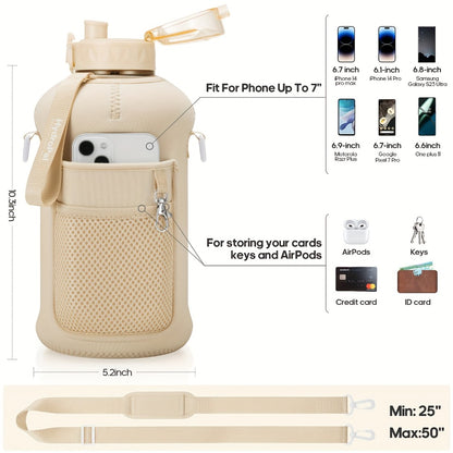 Half Gallon Water Bottle 74oz with Storage Sleeve & 2 Lids - Large Sports Water Jug for Gym, BPA-Free, Straw & Chug Lid, Time Marker, Shoulder Strap & Handle, Motivational Hydration Bottle