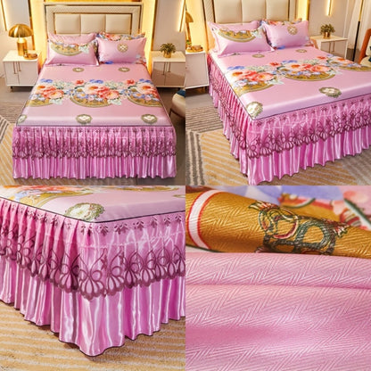 Floral Ruffle Bed Skirt Cool Mat 3 Piece Set with Pillowcase, Double Layer 360° Full Wrap Washable Cooling Mattress Cover, Breathable Summer Bedding Set for Twin Full Queen King, Parisian Romantic Floral